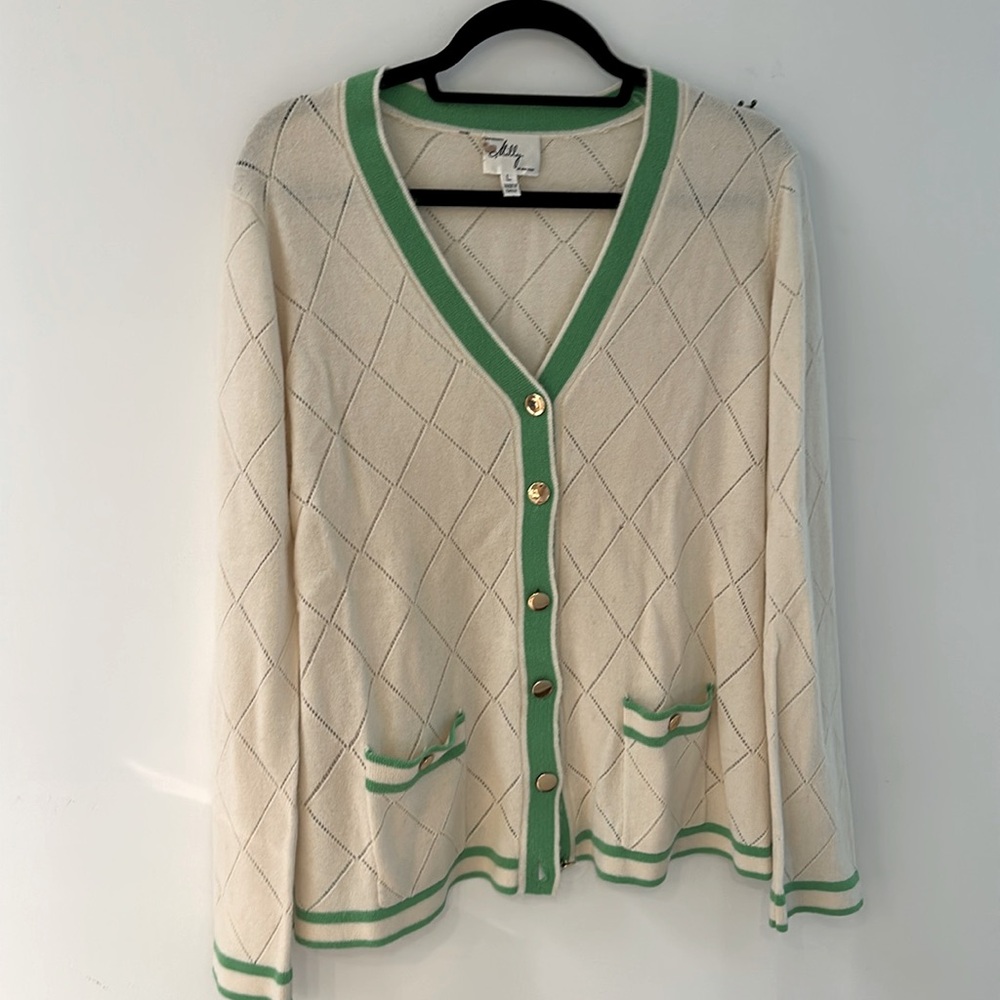 Vintage Milly preppy green and cream cardigan sweater with gold buttons size L